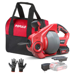 populo front view of cordless drain auger showing compact design and portability benefit