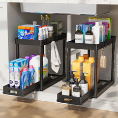 POUGNY front view of two black organizers showing compact storage benefits