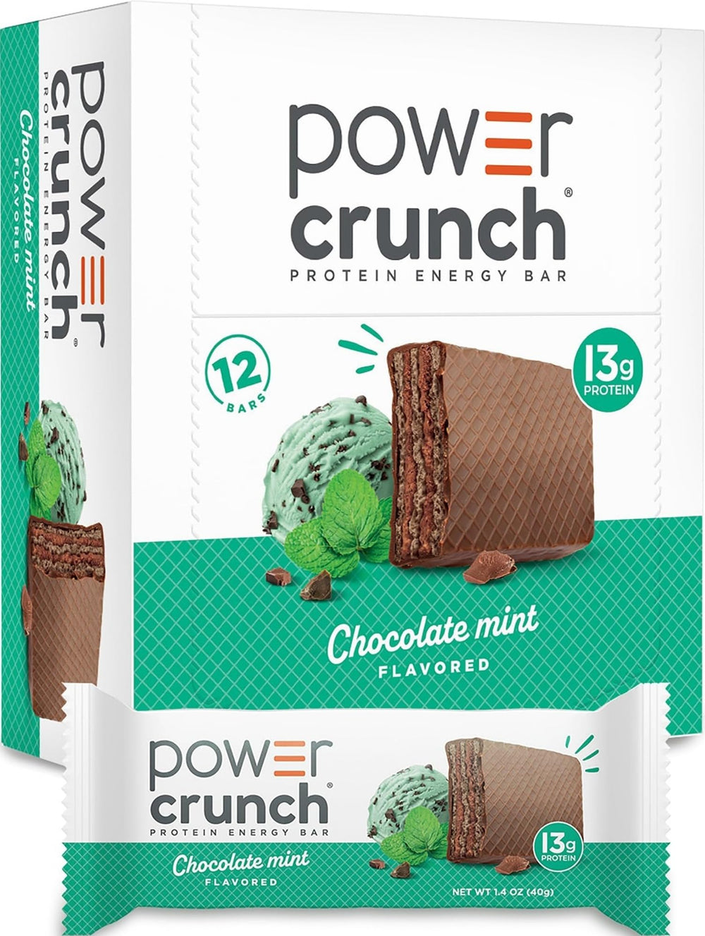 Power Crunch front packaging showing Chocolate Mint bars and benefit of portable protein