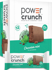 Power Crunch front packaging showing Chocolate Mint bars and benefit of portable protein