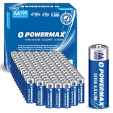 Powermax front packaging showing 100 AA batteries and resealable box, reliable storage benefit
