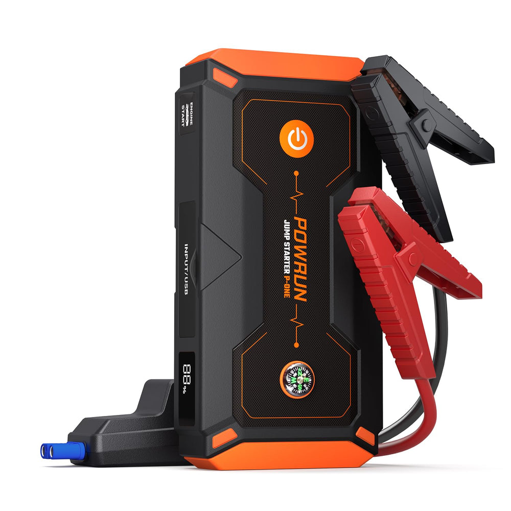 Powrun P-ONE front view showing rugged case and orange finish, reliable roadside boost