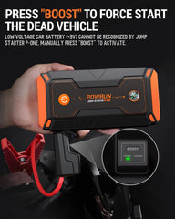 Powrun P-ONE heavy-duty jump clamps and cables connected, safe engine starting