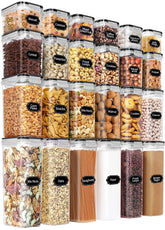 PRAKI front view of full 24-piece airtight set showing clear containers and lids, easy pantry visibility