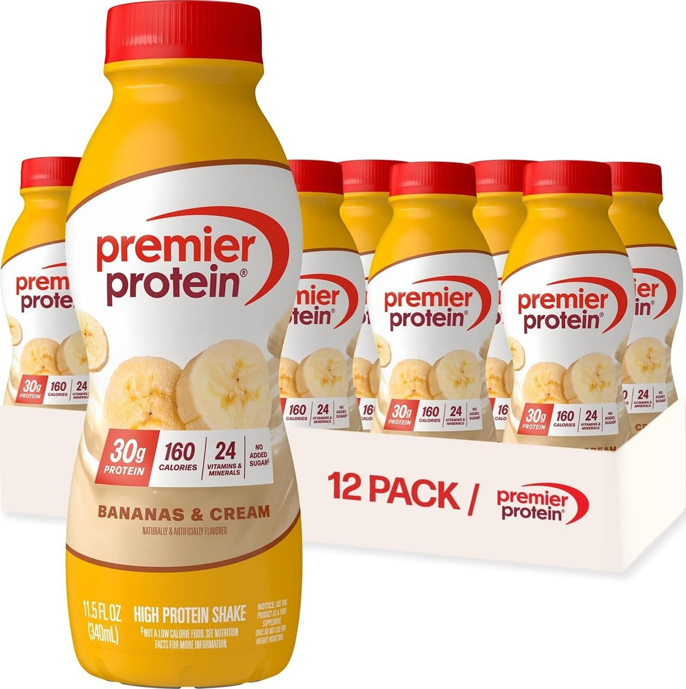 Premier Protein front packaging showing Bananas & Cream 12-pack for quick nutrition