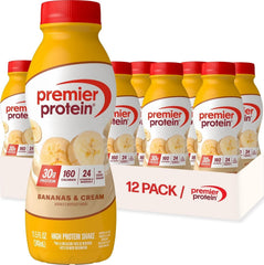 Premier Protein front packaging showing Bananas & Cream 12-pack for quick nutrition