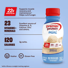 Premier Protein MINI vanilla pouring into glass for a quick protein snack benefit