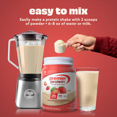 Premier Protein mixed strawberry shake in glass showing creamy taste