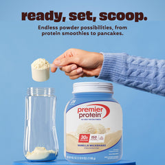 Premier Protein vanilla shake in glass demonstrating quick, portable post-workout fuel