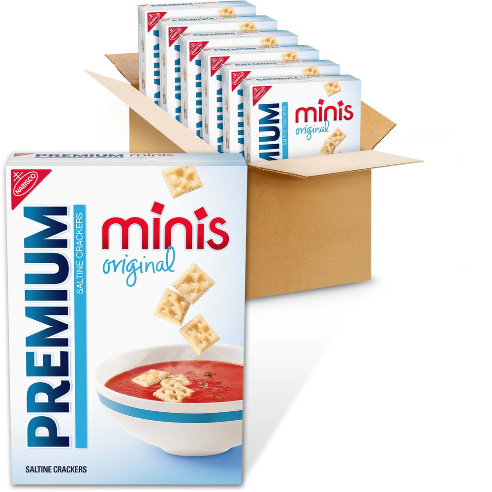 Premium mini saltine front packaging showing six boxes and brand appeal