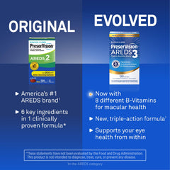 Clear PreserVision AREDS3 label detail showing active AREDS2 ingredients plus added B‑vitamin complex benefits