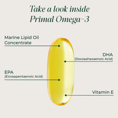 Primal Harvest bottle open with softgels on palm demonstrating daily use