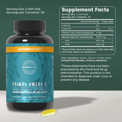 Primal Harvest clear close-up of glossy omega-3 softgel texture and purity
