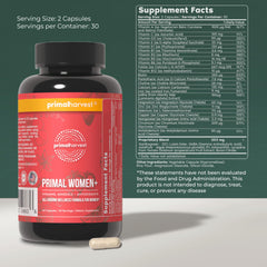 Primal Harvest Women+ capsules close-up highlighting vegetarian capsule