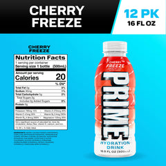 PRIME Hydration Cherry Freeze bottle close-up highlighting cap and vibrant color benefits