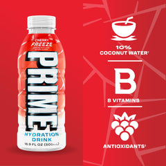 PRIME Hydration Cherry Freeze droplets on bottle emphasizing cold texture and thirst-quenching benefit