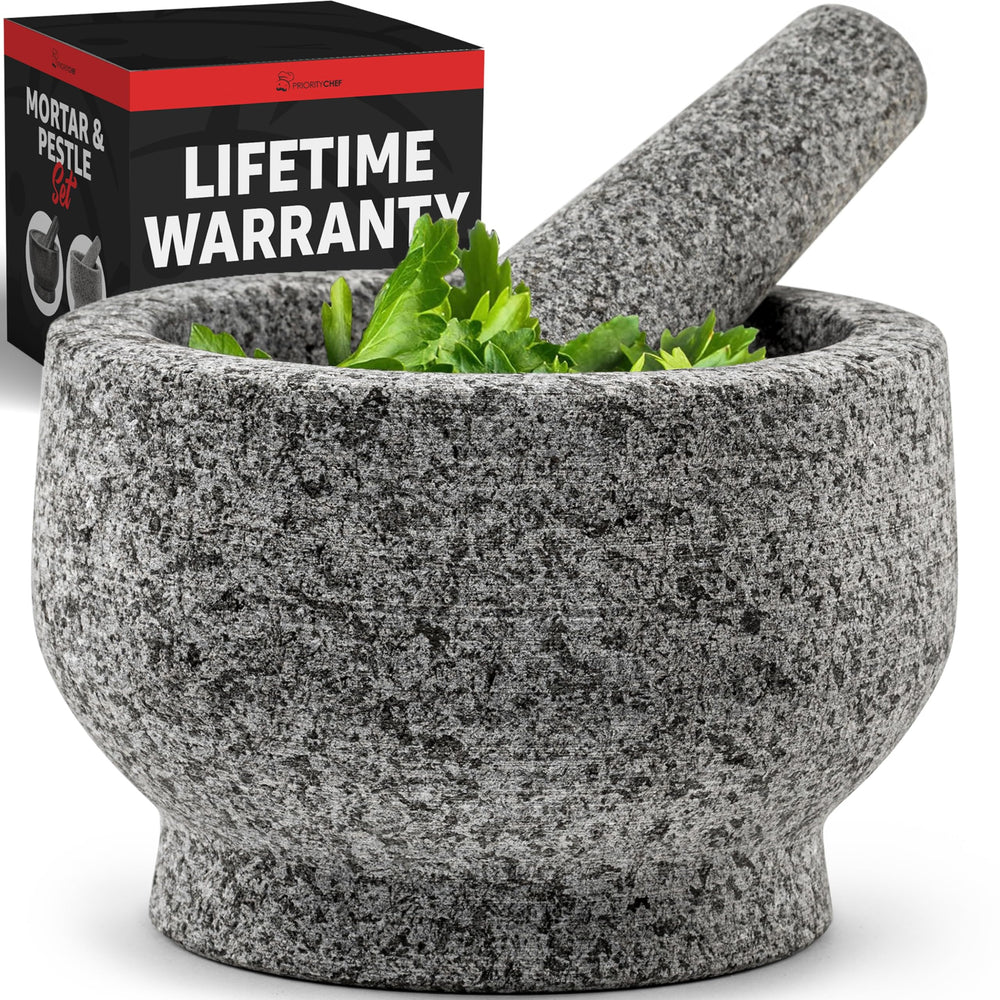 Priority Chef front view granite mortar and pestle showing sturdy construction and appeal