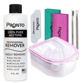 Pronto bottle and bowl showing kit components for quick gel removal