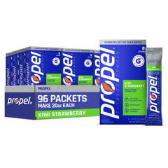 Propel front packaging showing kiwi strawberry flavor and 96 servings, brand hydration clarity