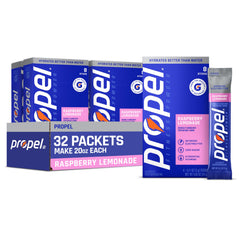 Propel front packaging showing brand and raspberry lemonade flavor benefit hydration