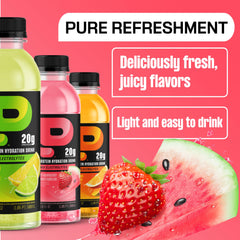 Protein2o next to standard water bottle showing portable 16.9 fl oz size