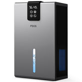 PSOS dehumidifier front view showing compact gray design and large tank for quick moisture removal