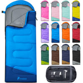 PTEROMY front view of blue sleeping bag showing full shape and closure, travel-ready comfort