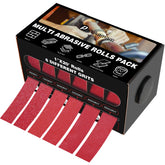 Pukamam front view of dispenser box with six emery cloth rolls, organized for quick access