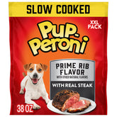 Pup-Peroni front packaging showing 38 oz bag and prime rib branding, highlights value