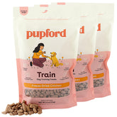 Pupford front packaging showing three 4 oz bags and clear labeling benefit: easy selection