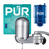 PUR chrome front view showing sleek faucet-mounted filter and compact design benefit