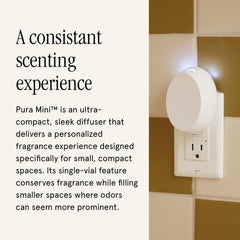 Pura mini closeup of diffuser top, highlighting waterless Puralast technology benefit