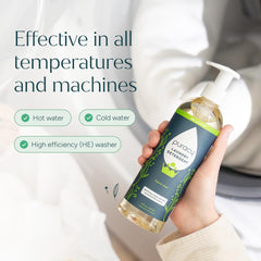 Puracy detergent pouring into washer showing gentle cleaning and stain removal benefit