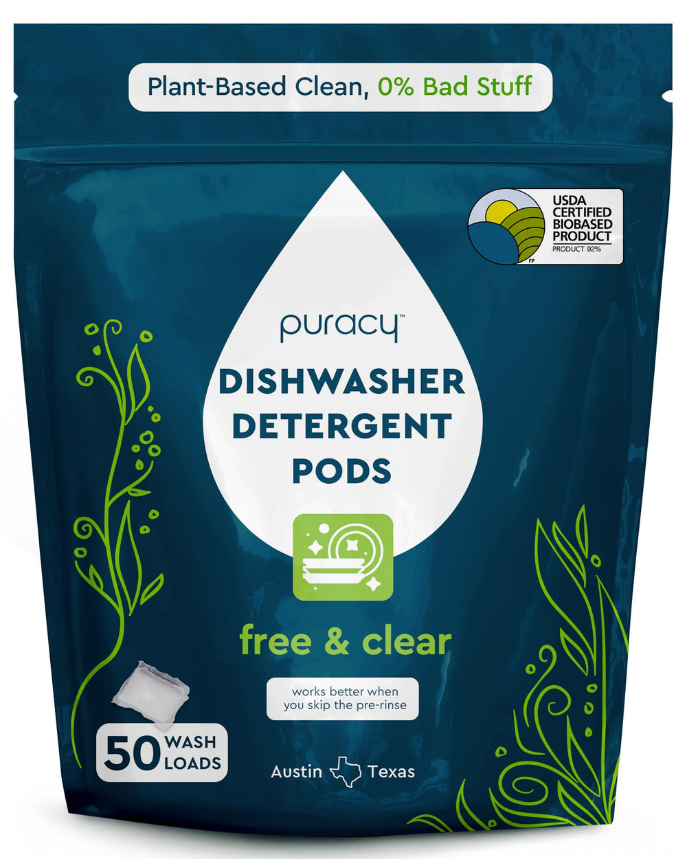 Puracy front packaging showing 50-count pod box and benefits