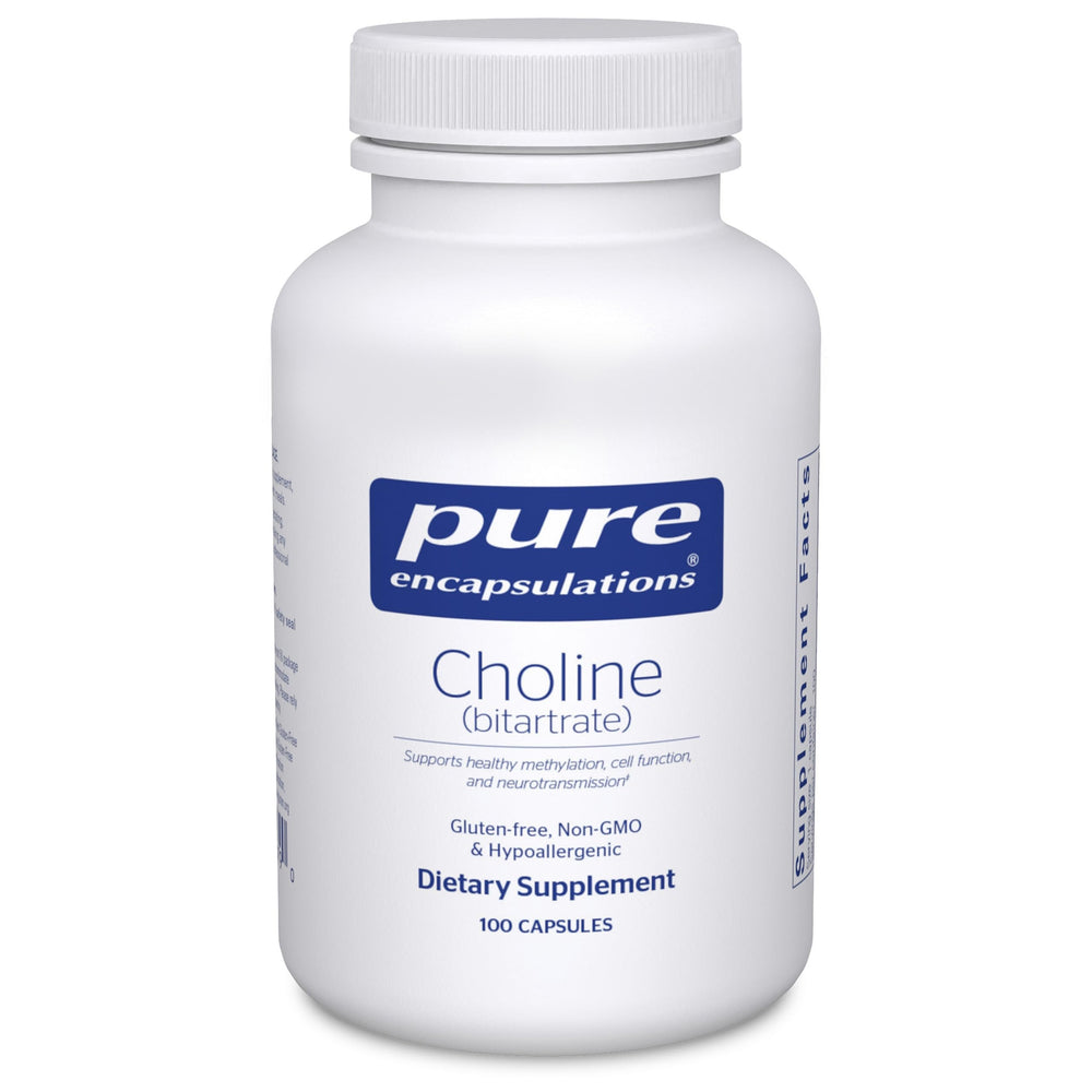 Pure Encapsulations bottle front showing choline supplement and clean packaging benefits