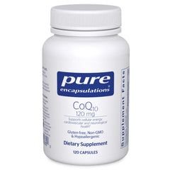 Pure Encapsulations bottle front view showing CoQ10 120 mg and clean labeling benefit