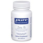 Pure Encapsulations bottle front label showing zinc 15 mg and 180 capsules benefit clarity