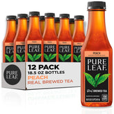 Pure Leaf front packaging showing 12-pack bottles and clear peach tea benefit