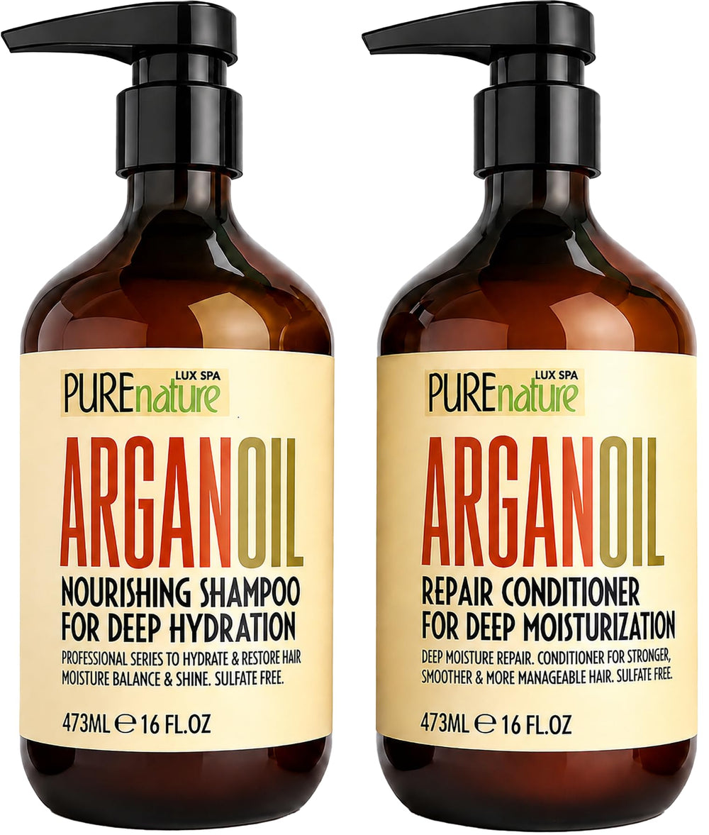 PURE NATURE LUX SPA front packaging shows complete argan oil set for glossy hair