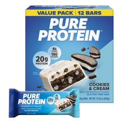 Pure Protein front packaging showing cookies and cream bar benefits