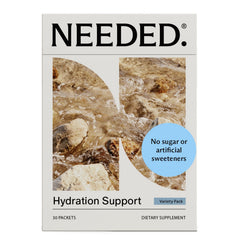 PurelyHydrate front box showing 30 hydration packets and branding benefits