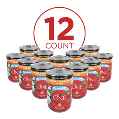 Purina ONE can label and nutrition panel showing balanced nutrient information