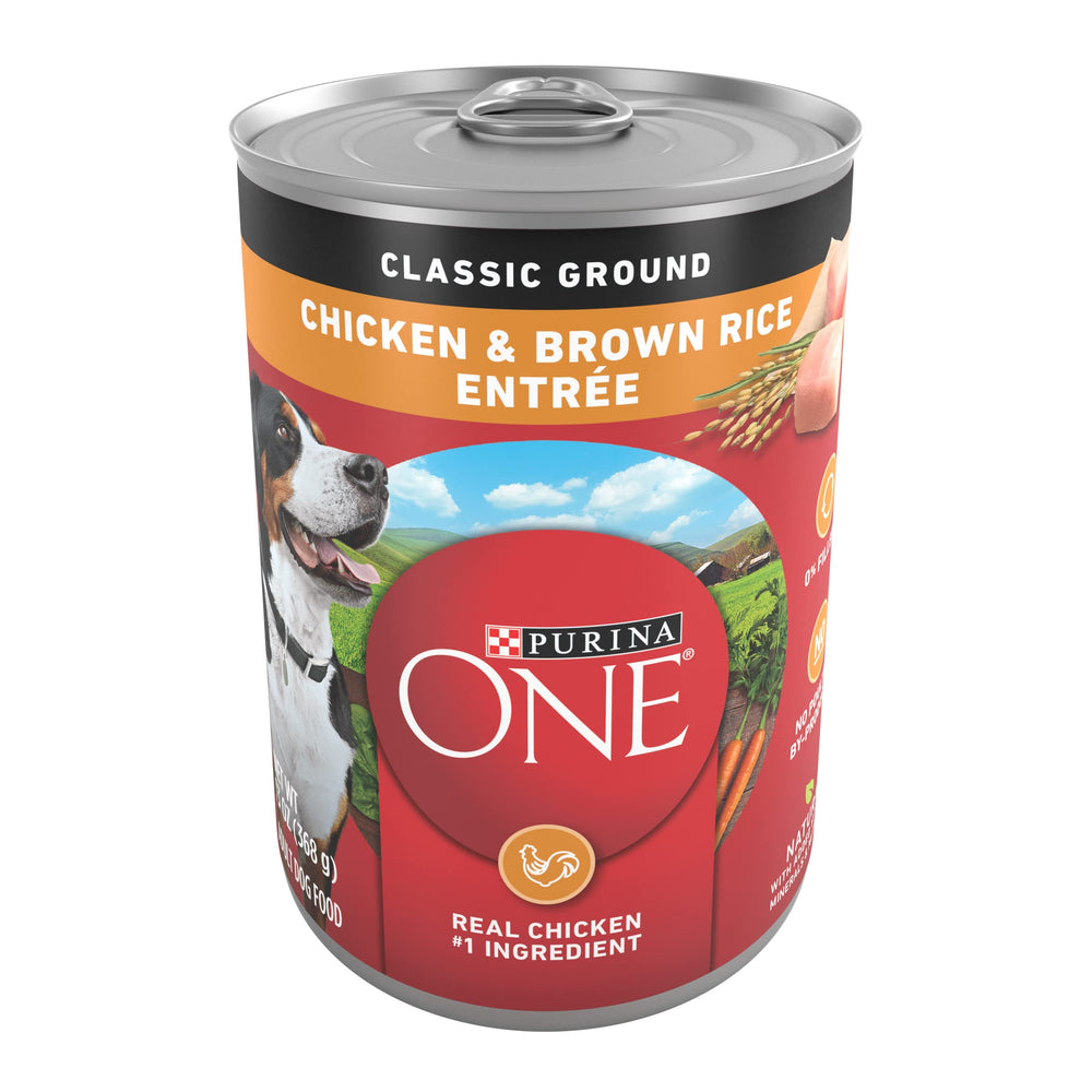 Purina ONE front can showing Classic Ground Chicken label and clear benefits