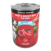 Purina ONE front can packaging showing beef and rice benefits