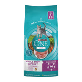 Purina ONE front pack 7 lb bag showing formula branding and benefits