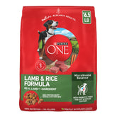 Purina ONE front bag showing lamb and rice formula and benefits