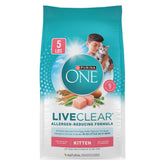 Purina ONE LiveClear front package showing product name and weight benefit