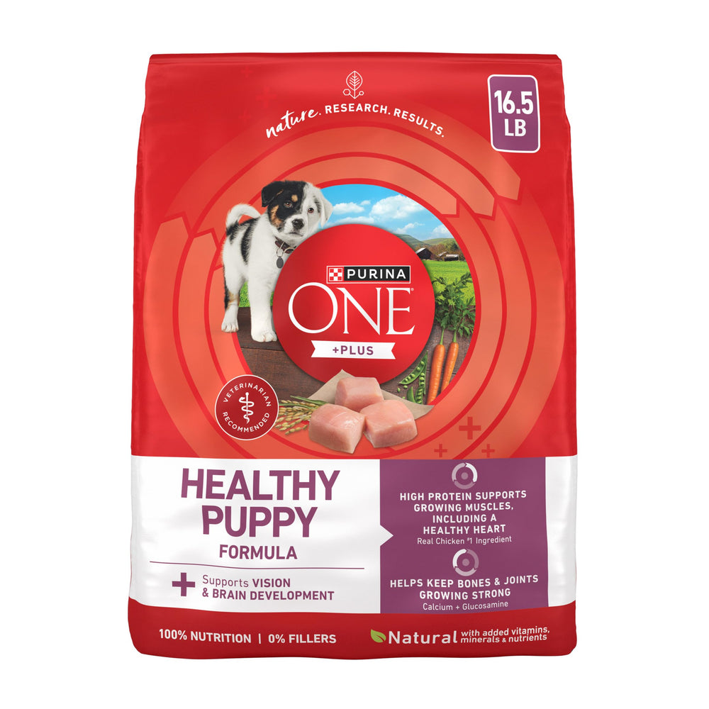 Purina ONE front packaging showing chicken-focused puppy nutrition benefit