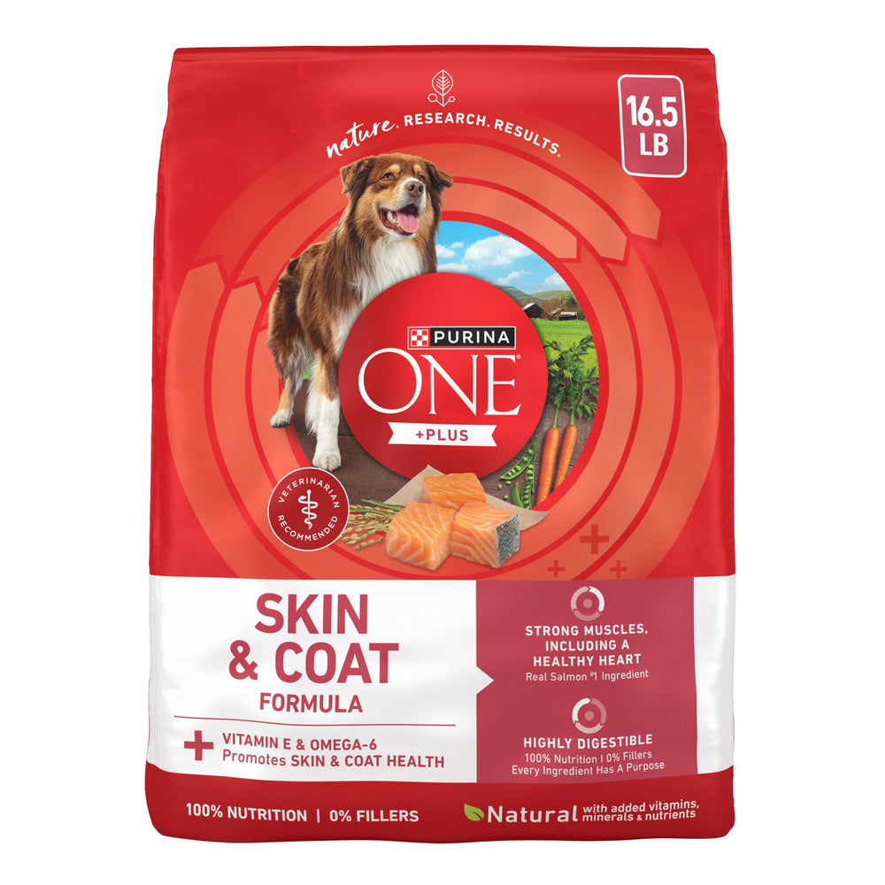 Purina ONE front packaging showing salmon recipe and benefits