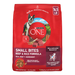 Purina ONE front pack showing beef and rice formula benefits